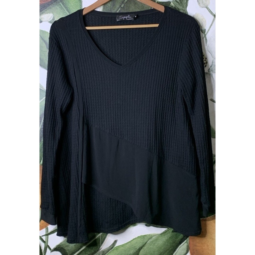 Sympli Womens Size 8 Black Long Sleeve Waffle Knit V-Neck Top